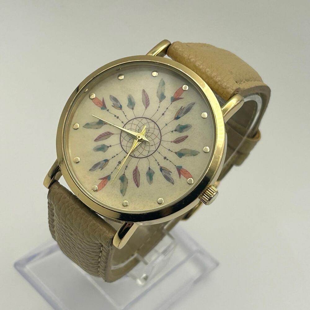 Dream Catcher Dial Gold Cream Leather Women’s Watch Working New Battery